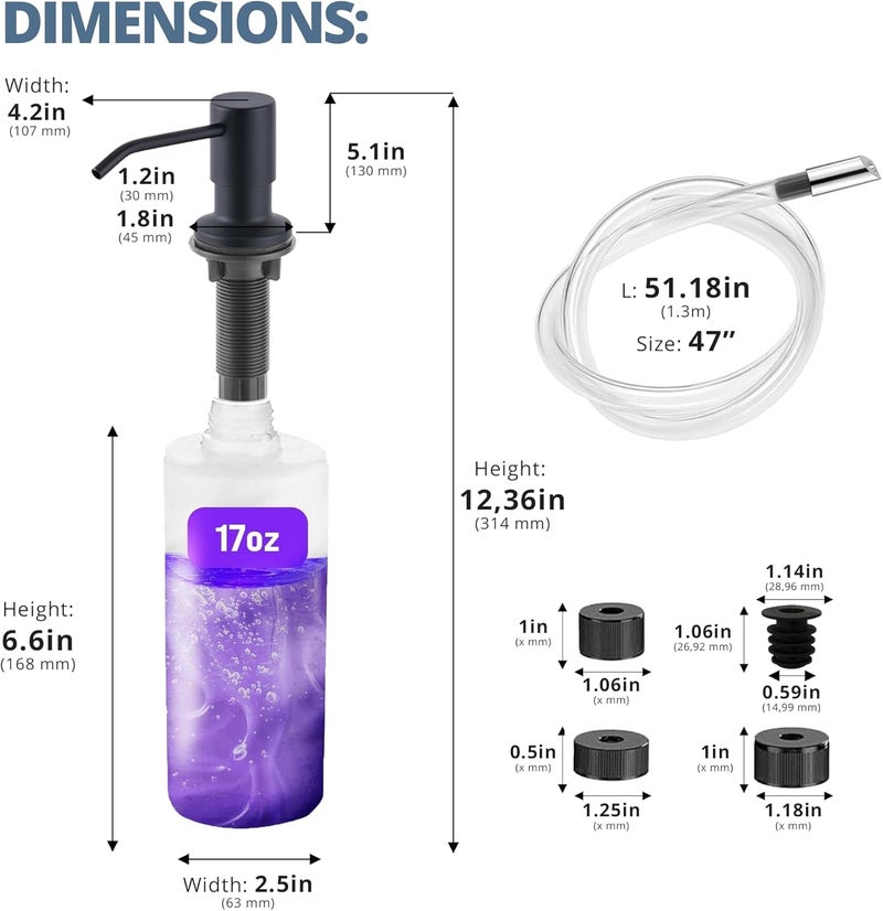 Sben Built-in Kitchen Sink Soap Dispenser – Stainless Steel Pump, 17 oz Bottle and Extension Tube Kit 47", Upgraded Metal Check Valve, Countertop Hand Soap & Lotion Dispenser (Matte Black) - Image 5